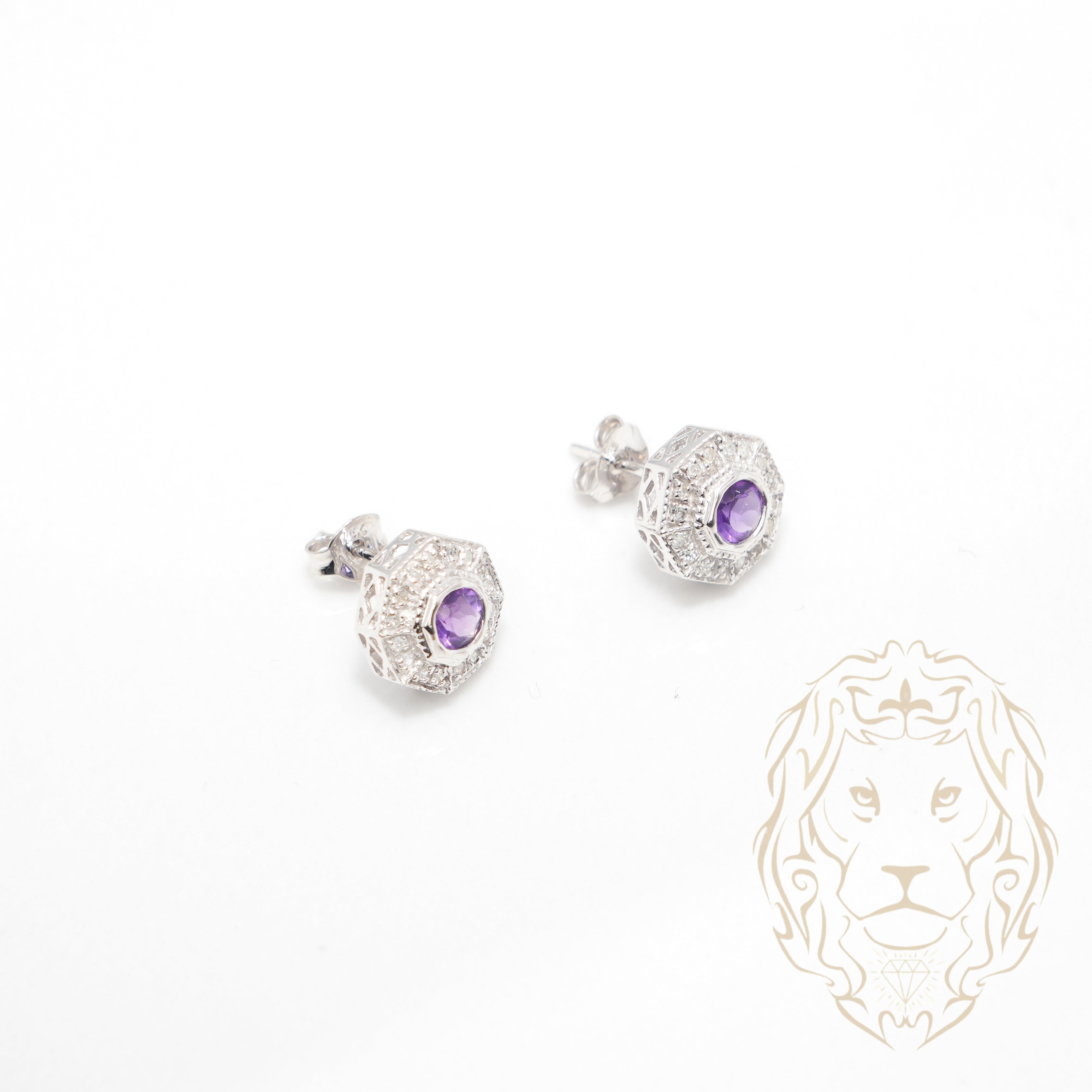 Ensemble - Or 10K blanc pendentif & boucles d'oreilles style vintage améthyste & diamants naturels 0.65TCW - ENGD001