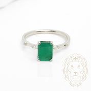 Bague - Or 10K blanc émeraude & diamants naturels coupe rond brillant & marquise 0.10TCW - RIGD587