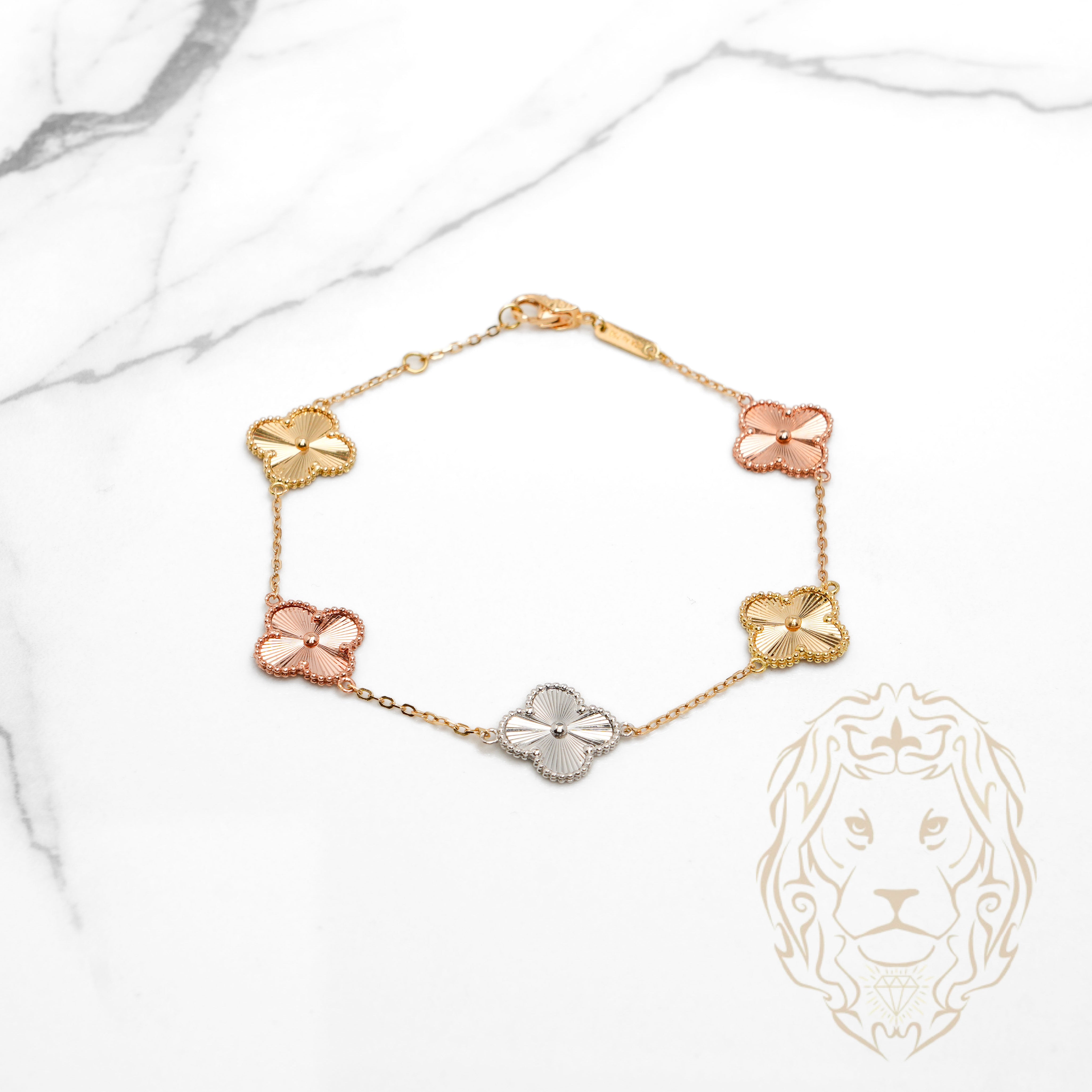 Bracelet - Or 18K tricolor jaune, blanc & rose trèfles guillochés 12mm - BRG906