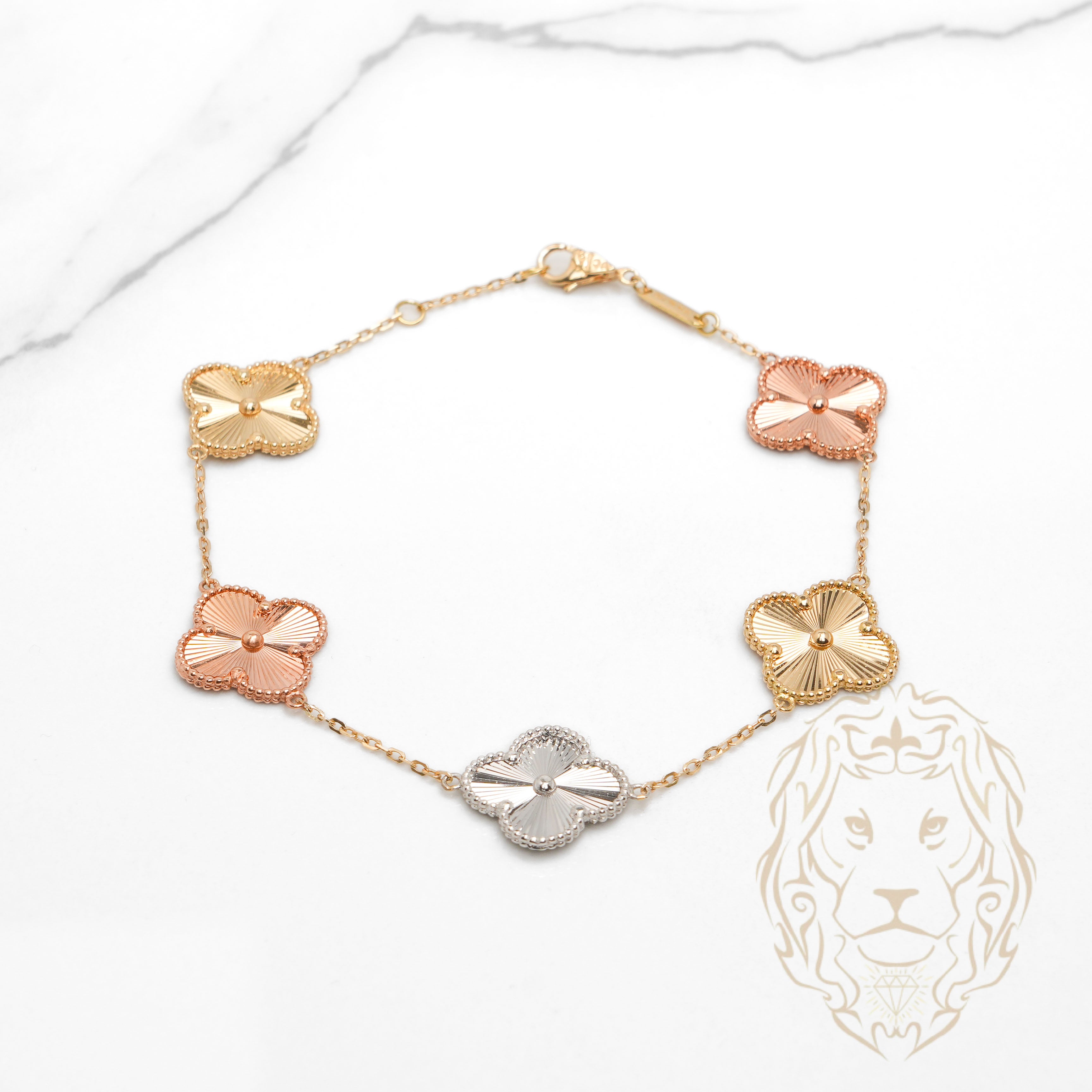 Bracelet - Or 18K tricolor jaune, blanc & rose trèfles guillochés 14mm - BRG907