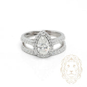 Bague de fiançailles - Or 14K blanc ensemble (2) halo coupe poire diamant de laboratoire 1.00CT avec monture & alliance semi-éternité 0.30TCW - RIGL122