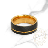 Bague jonc - Tungstène noire et dorée avec motif diamant, finition brossée et rainure polie - RIT009
