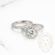 Engagement ring - 14K white gold set (2) round brilliant cut natural halo diamond 1.70CT with setting & semi-pave wedding band 0.40CT - RIGD318