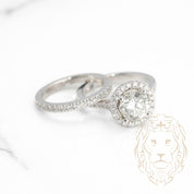 Engagement ring - 14K white gold set (2) round brilliant cut natural halo diamond 1.70CT with setting & semi-pave wedding band 0.40CT - RIGD318