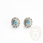 Studs - Or 14K blanc halo aigue-marine coupe ovale 0.70CT & pavé de diamants naturels 0.14CT - BOGD015