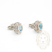 Studs - Or 14K blanc halo aigue-marine coupe ovale 0.70CT & pavé de diamants naturels 0.14CT - BOGD015