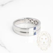 Wedding band ring - 14K white gold three princess cut sapphires 0.16CT & natural diamonds 0.08CT - RIGD345