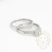 Engagement ring - 10K white gold set (2) halo square illusion round brilliant cut natural diamond with mount & pave 0.25CT wedding ring - RIGD351