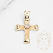 Pendant - 10K Gold two-tone yellow & white medusa head cross & greek key motif & cz set setting - PEG598