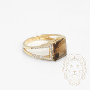 Ring - 10K Yellow Gold Smoked Topaz 2.50CT square cut with 0.15CT natural pave diamonds - RIGD438
