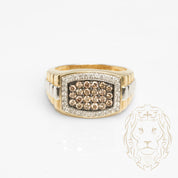 Ring - 10K two-tone yellow & white gold signet ring paved with natural diamonds 0.40CT & champagne 0.60CT - RIGD443