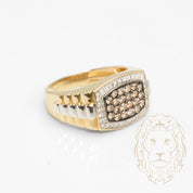 Ring - 10K two-tone yellow & white gold signet ring paved with natural diamonds 0.40CT & champagne 0.60CT - RIGD443