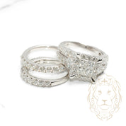 Engagement ring - 10K white gold set (3) square halo princess cut natural diamonds with pavé setting & semi eternity cut round brilliant wedding rings 2.00CT - RIGD460