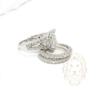 Engagement ring - 10K white gold set (3) square halo princess cut natural diamonds with pavé setting & semi eternity cut round brilliant wedding rings 2.00CT - RIGD460