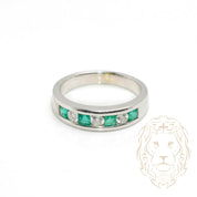 Ring - 14K white gold semi eternity princess cut emeralds 0.12CT & natural round cut diamonds 0.12CT channel set - RIGD467