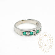 Ring - 14K white gold semi eternity princess cut emeralds 0.12CT & natural round cut diamonds 0.12CT channel set - RIGD467