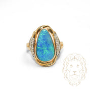 Bague cocktail - Or 10K deux tons jaune & blanc cabochon opale & pavé de diamants naturels 0.08CT - RIGD495