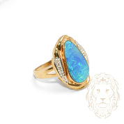 Bague cocktail - Or 10K deux tons jaune & blanc cabochon opale & pavé de diamants naturels 0.08CT - RIGD495