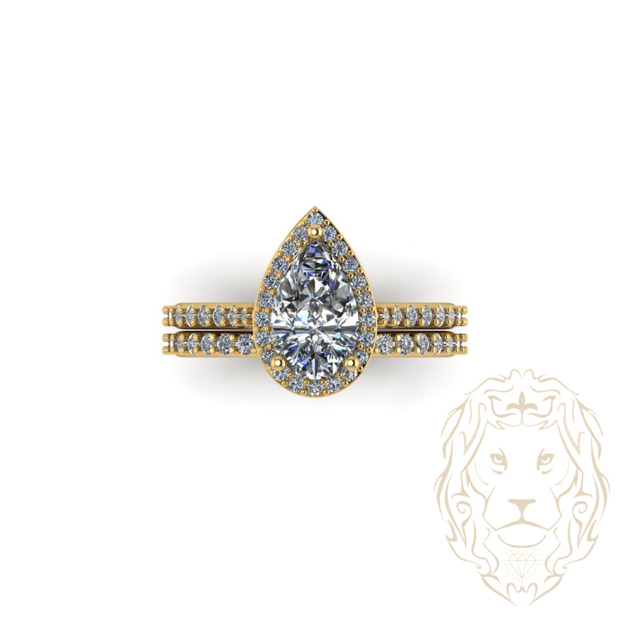 Eve Ring - Gold set (2) halo diamond lab cut pear 1.30CT with setting & diamond pavé wedding ring 0.60CT - RIGL052