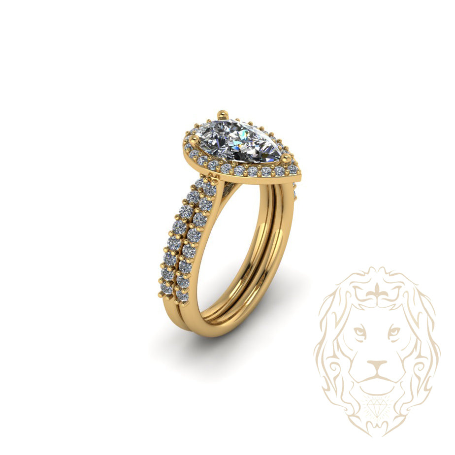 Eve Ring - Gold set (2) halo diamond lab cut pear 1.30CT with setting & diamond pavé wedding ring 0.60CT - RIGL052