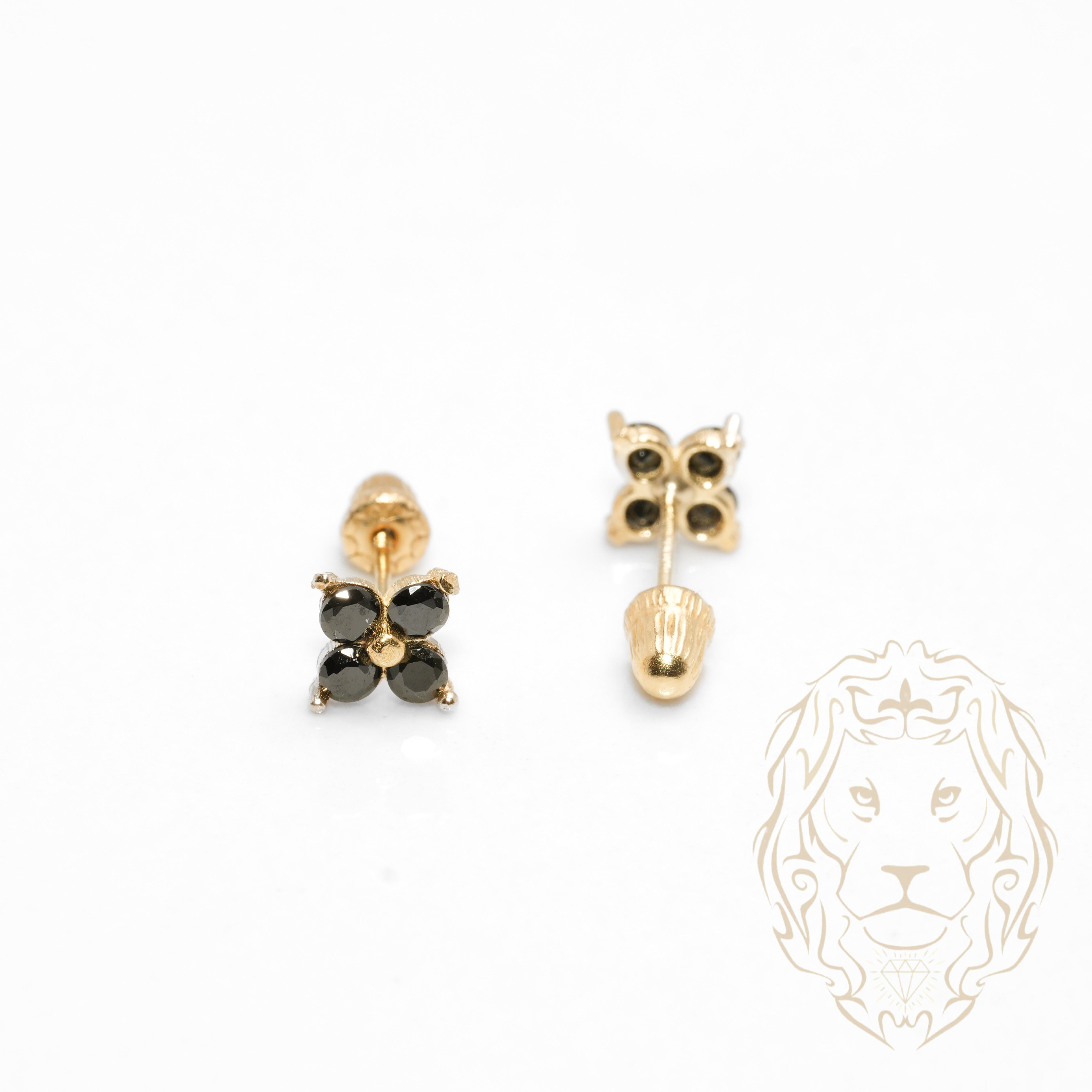 Studs to screw - 10K Gold yellow flower in black stones - BOG752