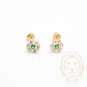 Studs to screw - 10K Gold yellow flower in green cz stones - BOG769