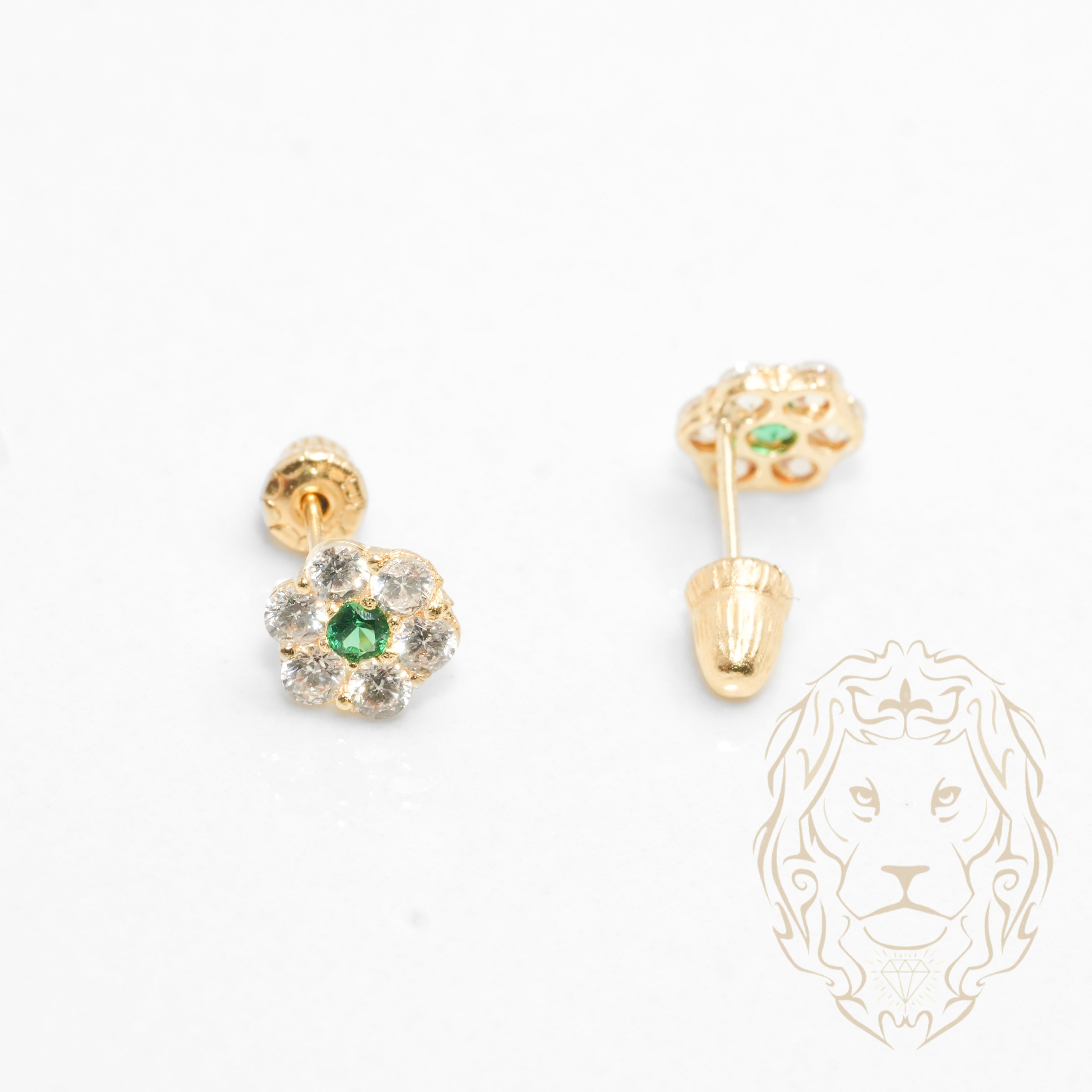 Studs to screw - 10K Gold yellow flower in green cz stones - BOG769