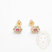 Studs to screw - 10K Gold yellow flower in red cz stones - BOG770