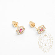 Studs to screw - 10K Gold yellow flower in red cz stones - BOG770