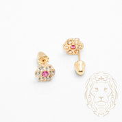 Studs to screw - 10K Gold yellow flower in red cz stones - BOG770