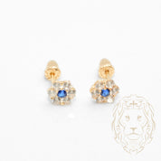 Studs to screw - 10K Gold yellow flower in blue cz stones - BOG771