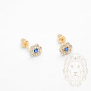 Studs to screw - 10K Gold yellow flower in blue cz stones - BOG771