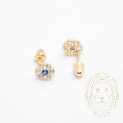 Studs to screw - 10K Gold yellow flower in blue cz stones - BOG771