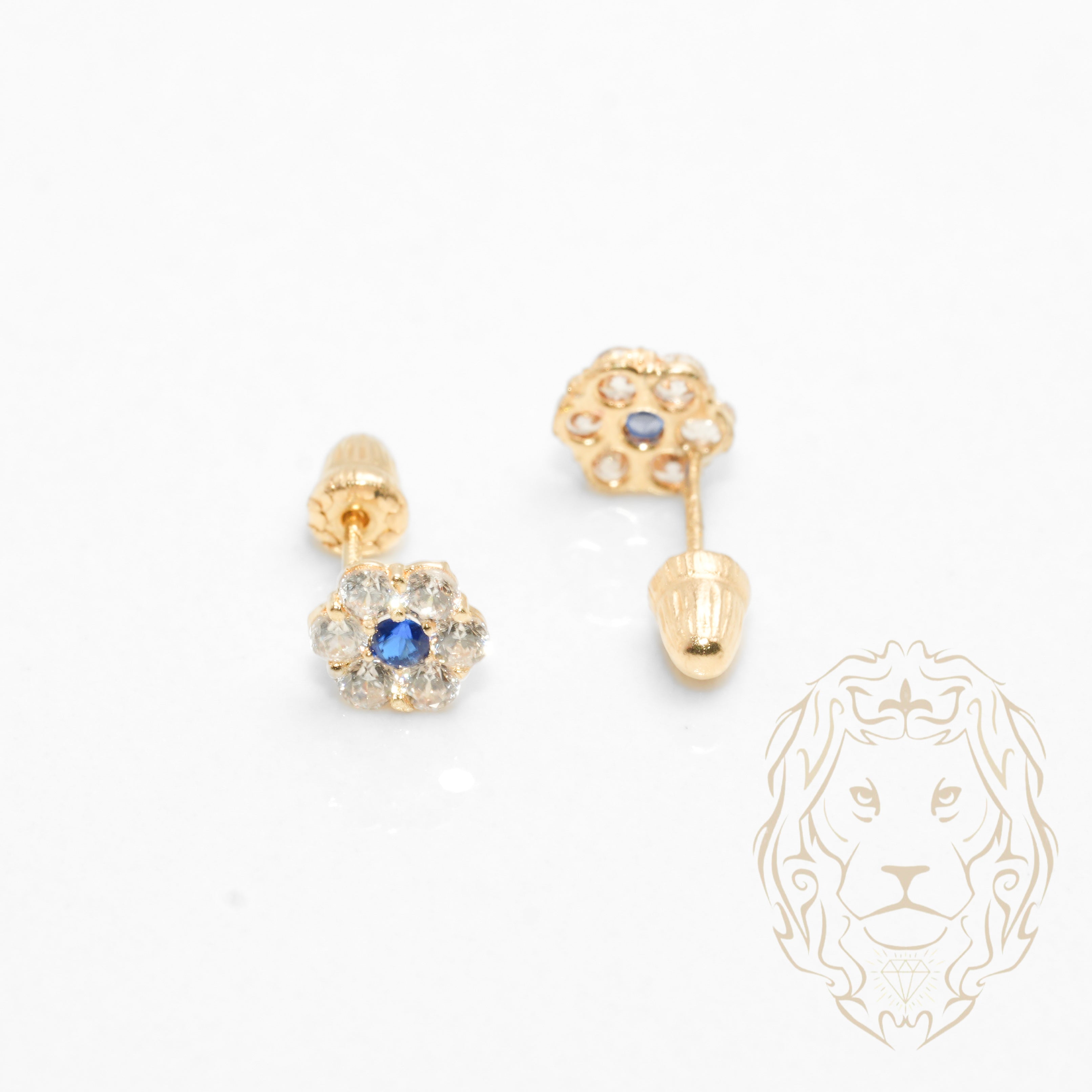 Studs to screw - 10K Gold yellow flower in blue cz stones - BOG771