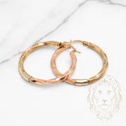 Hoops - 10K Gold two tone yellow & pink twist bead blasted finish 3mm X 27mm - BOG797