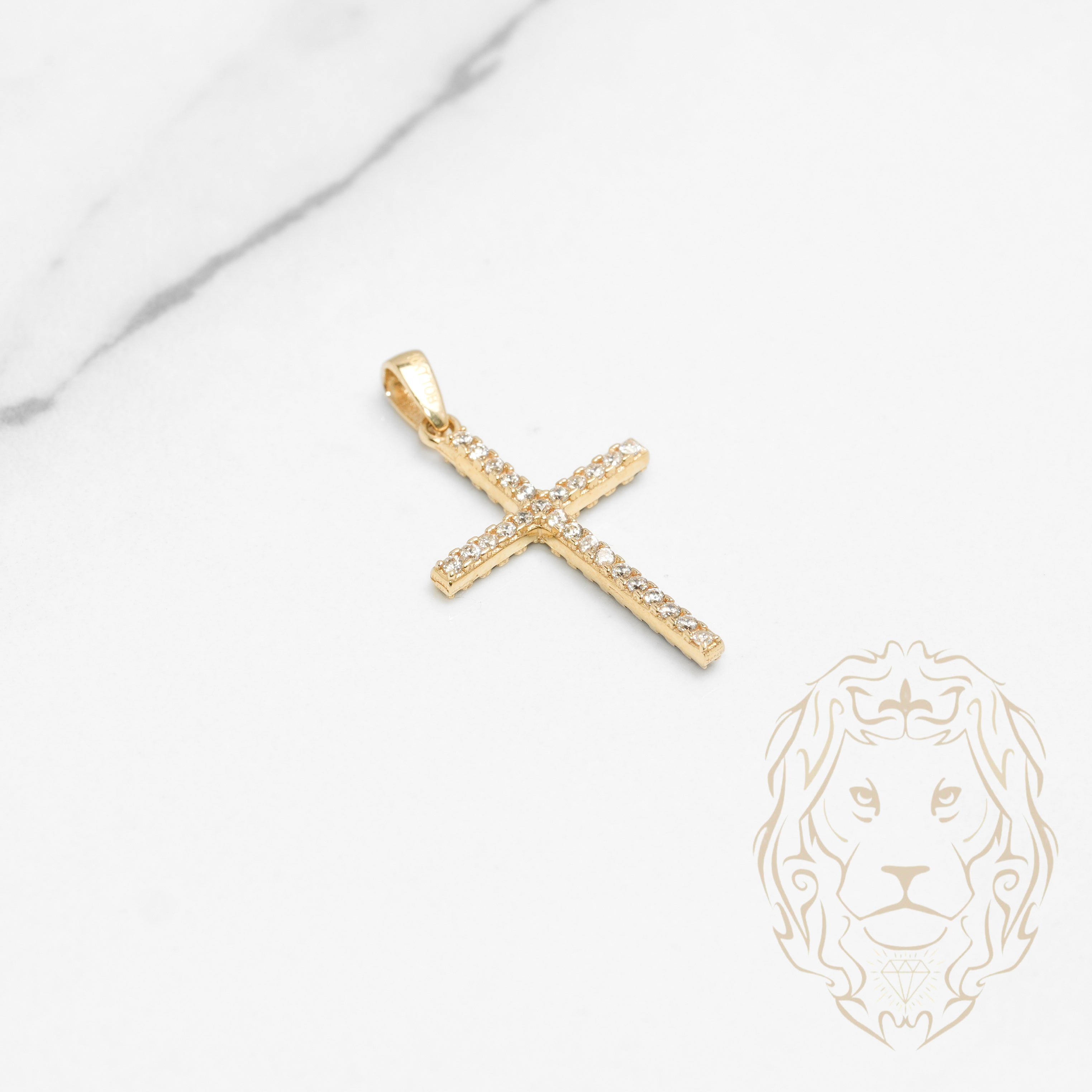 Pendant - 10K Yellow Gold double-faced cross paved with white & blue cz - PEG622