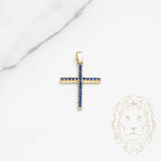 Pendant - 10K Yellow Gold double-faced cross paved with white & blue cz - PEG622