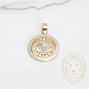 Pendentif - Or 10K deux tons jaune & blanc médaillon medusa & motif clé grecque pavé de cz - PEG666
