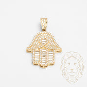 Pendentif - Or 10K jaune main de hamsa pavé de cz rond & baguette - PEG748