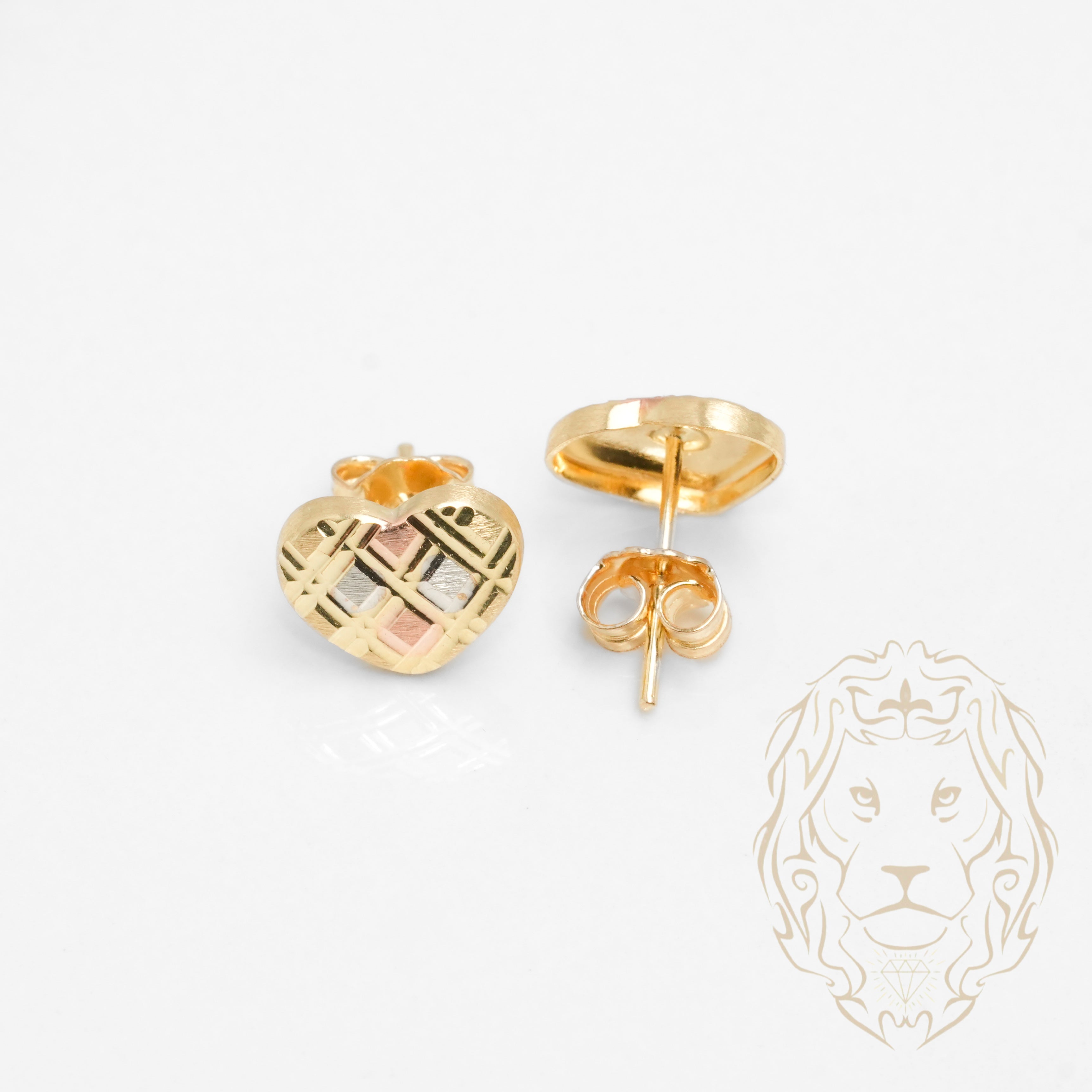 Studs - Or 10K tricolore jaune, blanc & rose coeur motif tartan - BOG883