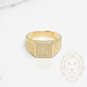 Bague - Or 10K jaune signet carré pavé de cz & microbillé - RIG789