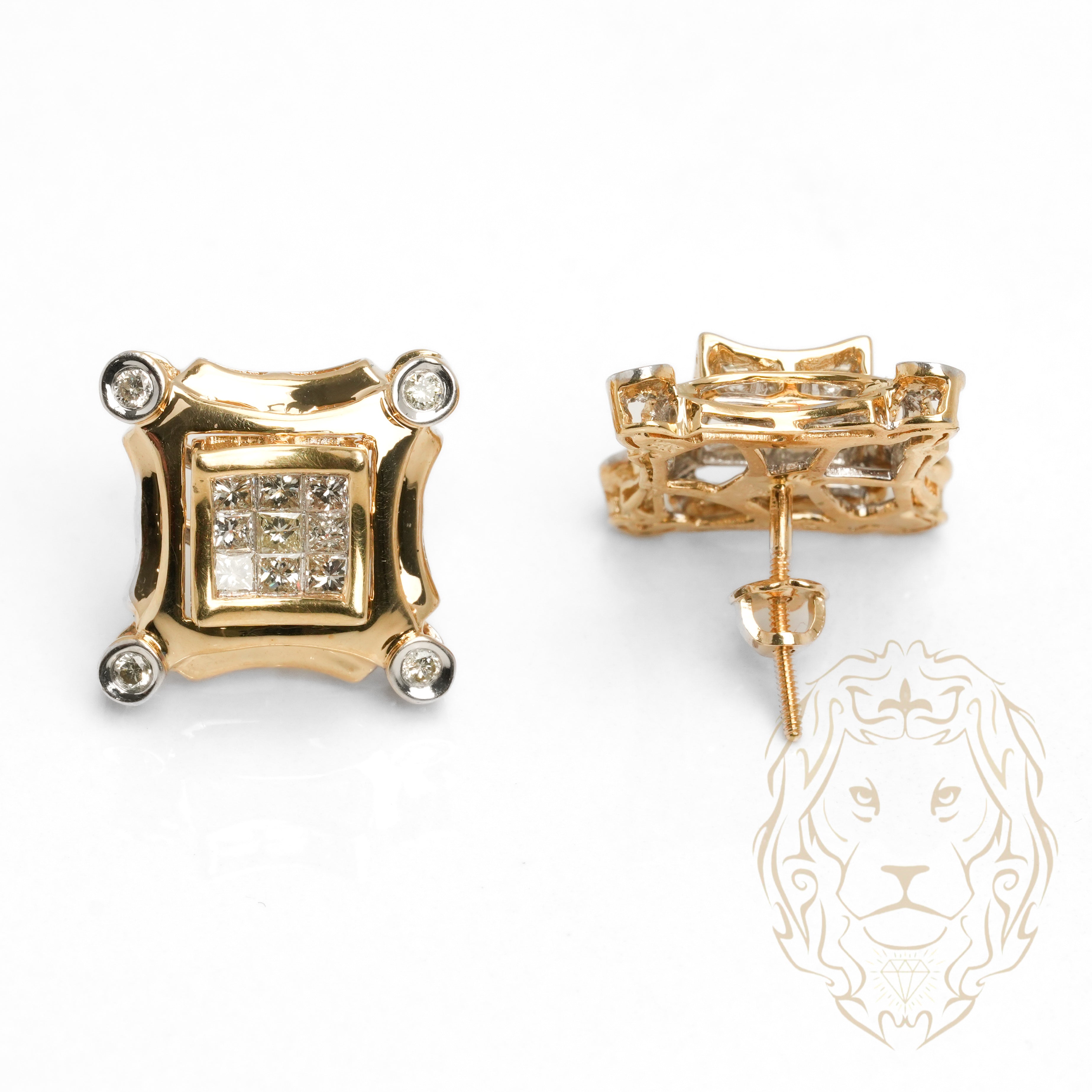 Studs à visser - Or 14K deux tons jaune & blanc carré serti de diamants naturels VVS coupe princesse & rond brillant 0.80CT - BOGD019