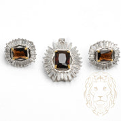 Ensemble - Argent collier pendentif halo en cz coupe baguette avec pierre brune & boucles d'oreilles - ENS007