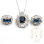 Ensemble - Argent collier pendentif halo en cz coupe baguette avec pierre bleue & boucles d'oreilles - ENS008