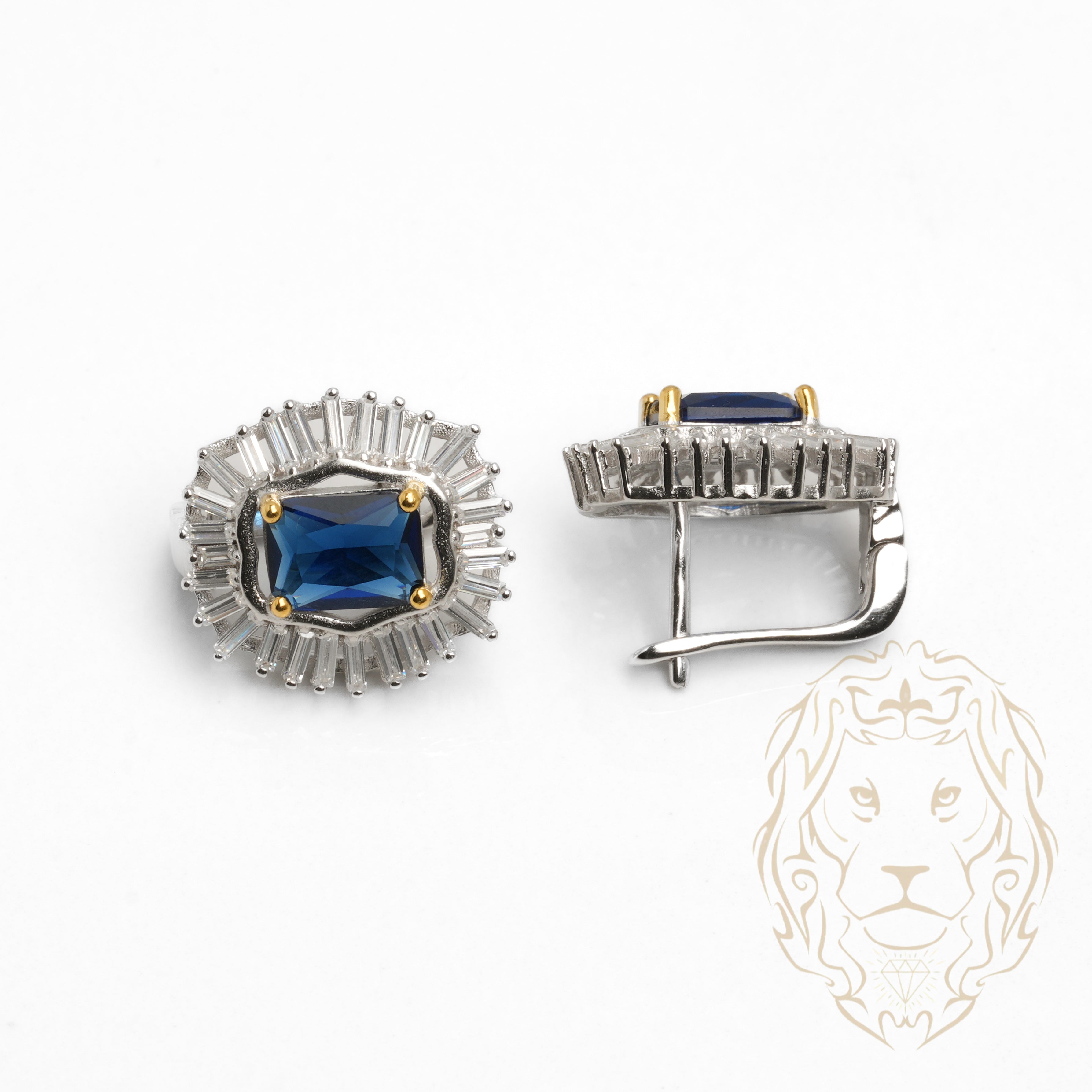 Ensemble - Argent collier pendentif halo en cz coupe baguette avec pierre bleue & boucles d'oreilles - ENS008