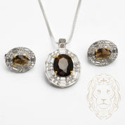 Ensemble - Argent collier pendentif halo ovale en cz avec pierre brune & boucles d'oreilles - ENS011