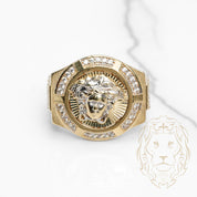 Bague - Or 10K deux tons jaune & blanc méduse guilloché & pavé de cz - RIG840