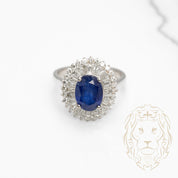 Bague de fiançailles - Or 14K blanc vintage saphir 3.00CT coupe ovale & cadre en diamants naturels 0.50CT coupe rond & baguette conique - RIGD540