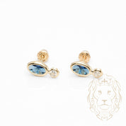 Studs à visser - Or 10K jaune toi & moi pierres cz ovale bleu & rond serti clos - BOG1009