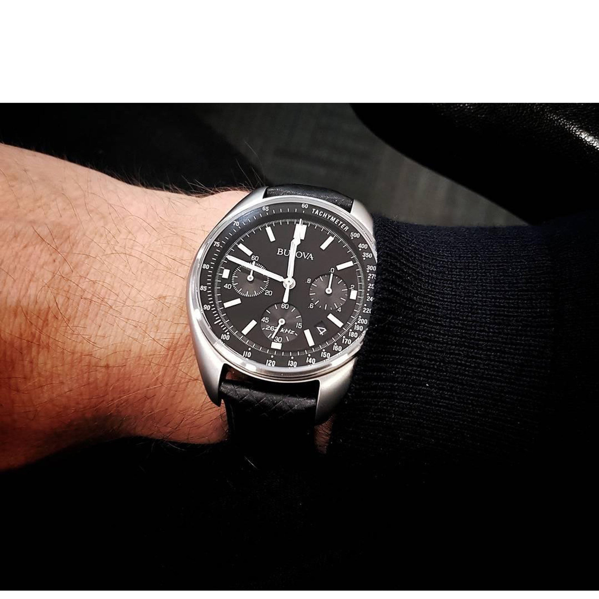 Bulova Lunar Pilot 96B251 watch, black dial, lifestyle